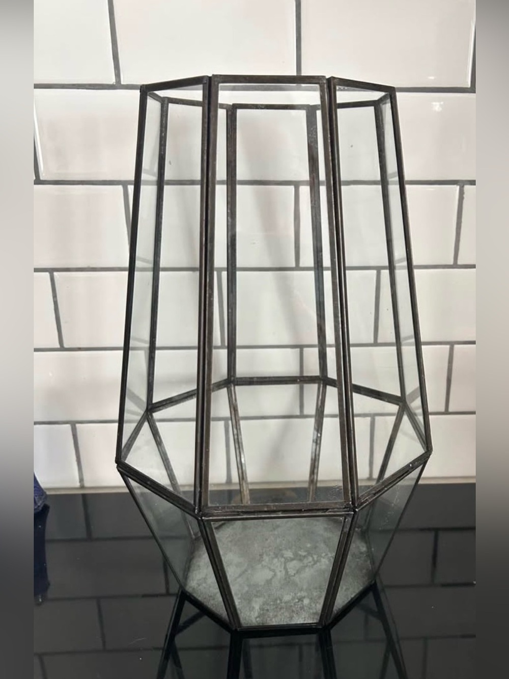 Metal and Glass Geometric Lantern - Black